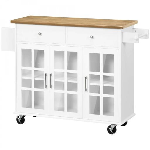 Carro de Cocina con Ruedas Isla de Cocina con 2 Cajones 3 Puertas de Vidrio Templado Toallero 124,5x39,5x90 cm Blanco [9]