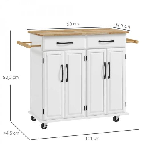 Isla de Cocina con Encimera de Madera de Caucho con Cajones Armarios y Ruedas con Freno 111x44,5x90,5 cm Blanco y Roble [1]