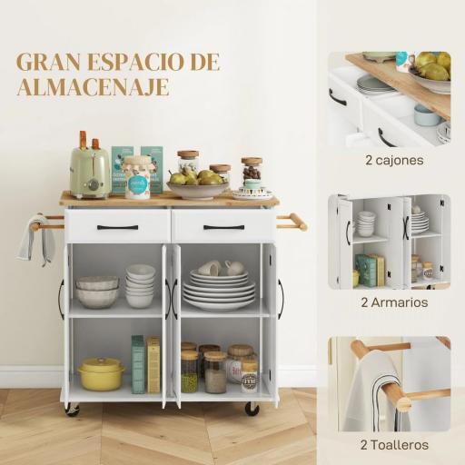 Isla de Cocina con Encimera de Madera de Caucho con Cajones Armarios y Ruedas con Freno 111x44,5x90,5 cm Blanco y Roble [3]