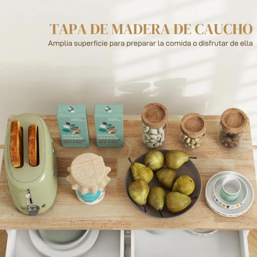 Isla de Cocina con Encimera de Madera de Caucho con Cajones Armarios y Ruedas con Freno 111x44,5x90,5 cm Blanco y Roble [4]