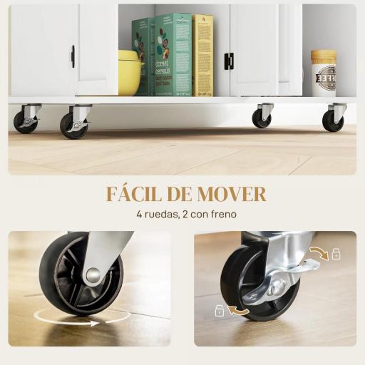 Isla de Cocina con Encimera de Madera de Caucho con Cajones Armarios y Ruedas con Freno 111x44,5x90,5 cm Blanco y Roble [5]