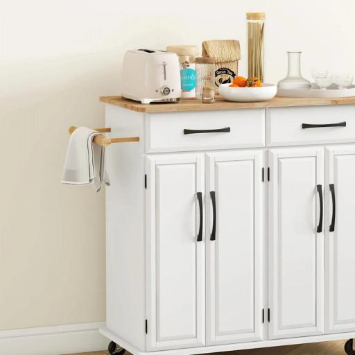 Isla de Cocina con Encimera de Madera de Caucho con Cajones Armarios y Ruedas con Freno 111x44,5x90,5 cm Blanco y Roble [6]