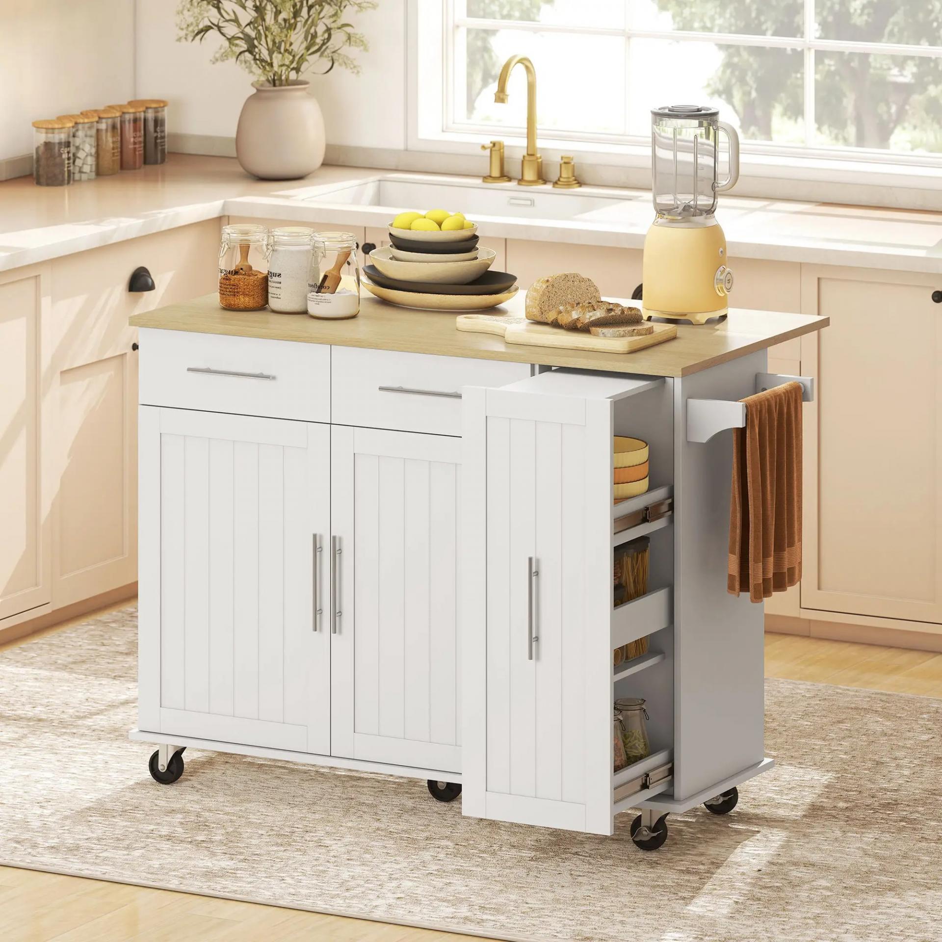 Isla de Cocina con Ruedas Encimera Plegable 2 Puertas con Cierre Suave Bandeja Extraíble 2 Cajones Blanco