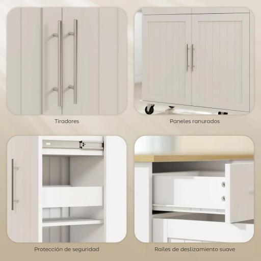 Isla de Cocina con Ruedas Encimera Plegable 2 Puertas con Cierre Suave Bandeja Extraíble 2 Cajones Blanco [7]