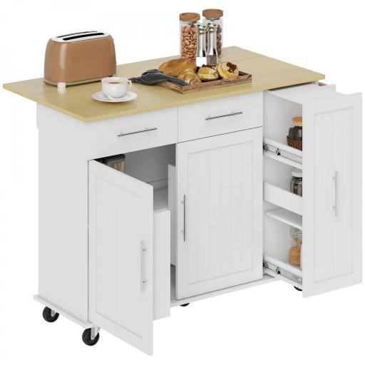 Isla de Cocina con Ruedas Encimera Plegable 2 Puertas con Cierre Suave Bandeja Extraíble 2 Cajones Blanco [8]