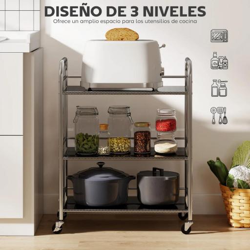 Carrito Auxiliar con Ruedas de Acero Inoxidable Carro de Servicio de 3 Niveles con Estante Ajustable 60x35x77 cm Plata [2]
