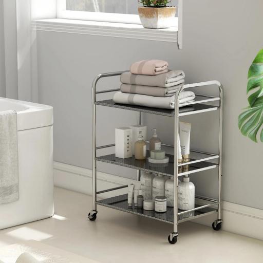 Carrito Auxiliar con Ruedas de Acero Inoxidable Carro de Servicio de 3 Niveles con Estante Ajustable 60x35x77 cm Plata [7]