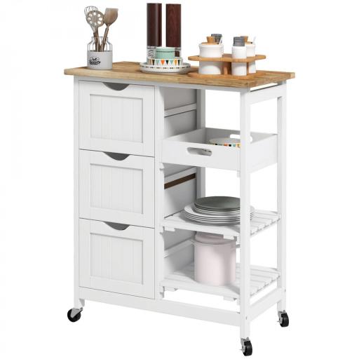 Carrito Auxiliar con Ruedas Carrito de Cocina con 3 Cajones 2 Estantes Abiertos y Bandeja Extraíble 67x37x85,5 cm Blanco [8]