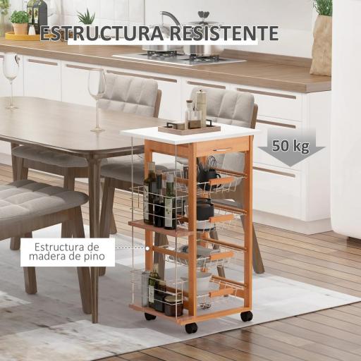 Carrito de Cocina con Ruedas Carro Multiusos con Cajón 4 Cestas Extraíbles de Metal y Bastidores 47x37x83 cm Natural [3]