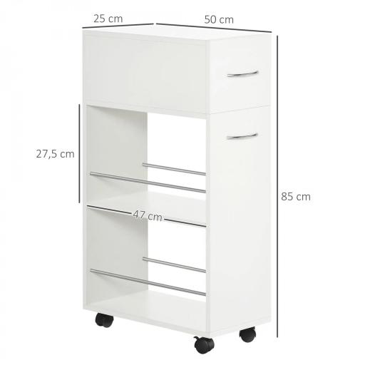 Carrito de Cocina Verdulero con 1 Cajón y 2 Estantes Abiertos Carro Auxiliar con Ruedas 25x50x85 cm Blanco [1]