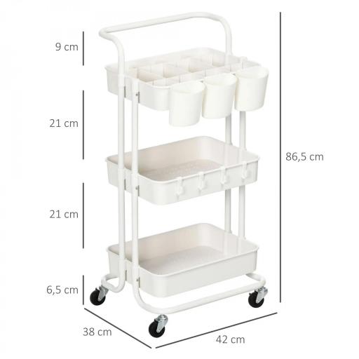 Carrito Auxiliar con Ruedas Carro de Almacenaje Multifuncional con Ganchos y Cajas Colgantes 42x38x86,5 cm Blanco [1]
