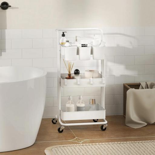 Carrito Auxiliar con Ruedas Carro de Almacenaje Multifuncional con Ganchos y Cajas Colgantes 42x38x86,5 cm Blanco [6]