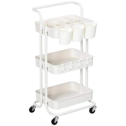 Carrito Auxiliar con Ruedas Carro de Almacenaje Multifuncional con Ganchos y Cajas Colgantes 42x38x86,5 cm Blanco [9]