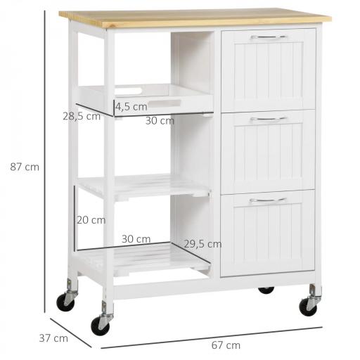 Carro de Cocina con Ruedas Carrito de Servicio con Cajones Estantes y Bandeja Extraíble 67x37x87 cm Blanco [1]