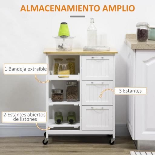 Carro de Cocina con Ruedas Carrito de Servicio con Cajones Estantes y Bandeja Extraíble 67x37x87 cm Blanco [2]
