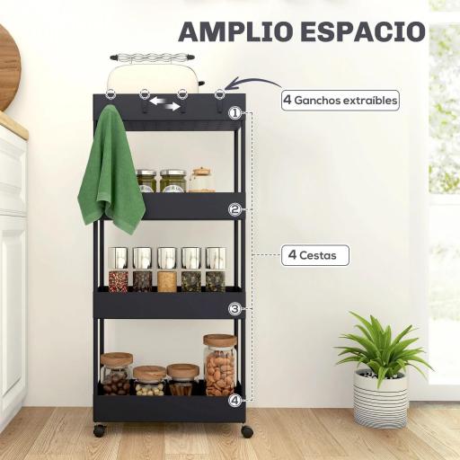 Carro de Cocina de 4 Niveles Carrito Auxiliar con Ruedas 4 Cestas y 4 Ganchos Extraíbles para Salón 40x19x90 cm Negro [2]