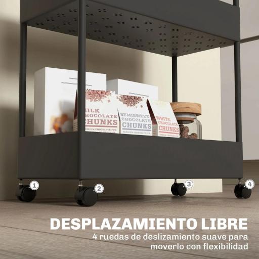 Carro de Cocina de 4 Niveles Carrito Auxiliar con Ruedas 4 Cestas y 4 Ganchos Extraíbles para Salón 40x19x90 cm Negro [3]