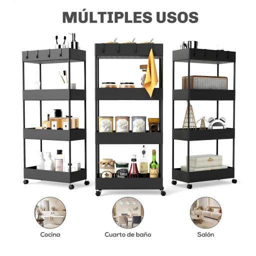 Carro de Cocina de 4 Niveles Carrito Auxiliar con Ruedas 4 Cestas y 4 Ganchos Extraíbles para Salón 40x19x90 cm Negro [4]
