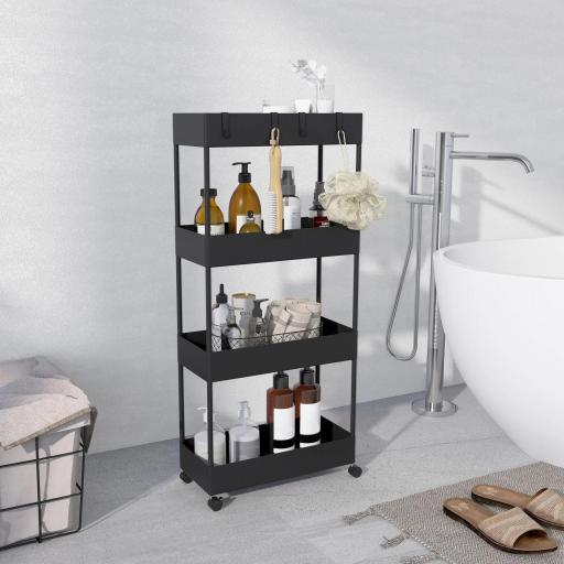 Carro de Cocina de 4 Niveles Carrito Auxiliar con Ruedas 4 Cestas y 4 Ganchos Extraíbles para Salón 40x19x90 cm Negro [6]