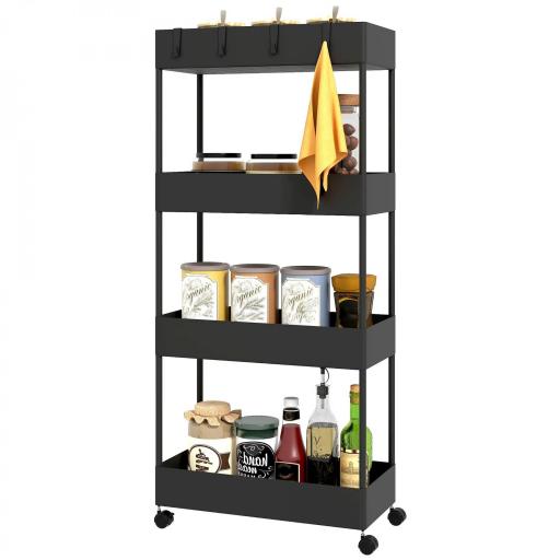 Carro de Cocina de 4 Niveles Carrito Auxiliar con Ruedas 4 Cestas y 4 Ganchos Extraíbles para Salón 40x19x90 cm Negro [9]