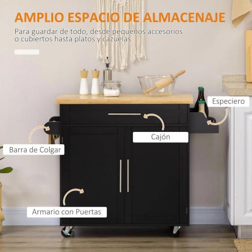 Carrito de Cocina con Armario con Puertas y Estante Interior Ajustable Cajón Barra y Especiero Móvil Aparador Auxiliar con Ruedas para Comedor 109x40x89 cm Negro [2]