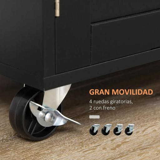 Carrito de Cocina con Armario con Puertas y Estante Interior Ajustable Cajón Barra y Especiero Móvil Aparador Auxiliar con Ruedas para Comedor 109x40x89 cm Negro [3]