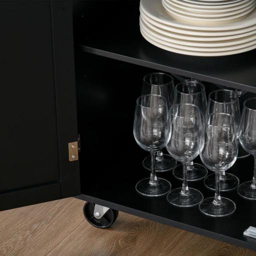 Carrito de Cocina con Armario con Puertas y Estante Interior Ajustable Cajón Barra y Especiero Móvil Aparador Auxiliar con Ruedas para Comedor 109x40x89 cm Negro [7]