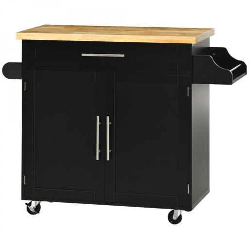 Carrito de Cocina con Armario con Puertas y Estante Interior Ajustable Cajón Barra y Especiero Móvil Aparador Auxiliar con Ruedas para Comedor 109x40x89 cm Negro [9]