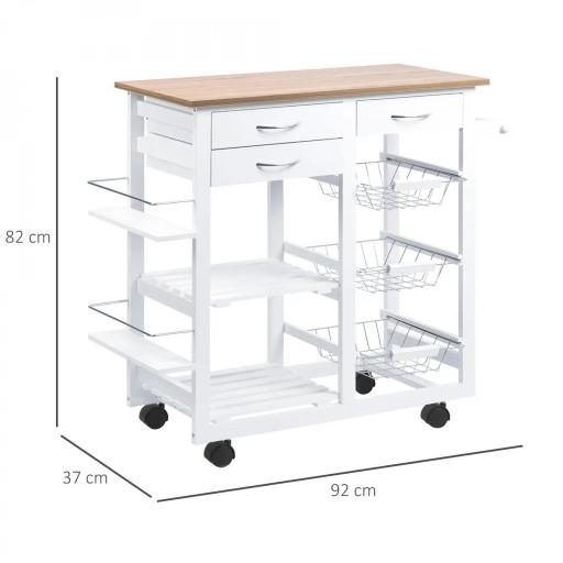 Carrito de Cocina Carro de Servicio Multifuncional con Cajones Cestas Estantes para Especias Toallero Ruedas 92x37x82 cm Blanco [1]