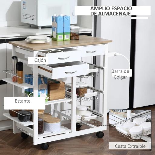 Carrito de Cocina Carro de Servicio Multifuncional con Cajones Cestas Estantes para Especias Toallero Ruedas 92x37x82 cm Blanco [2]