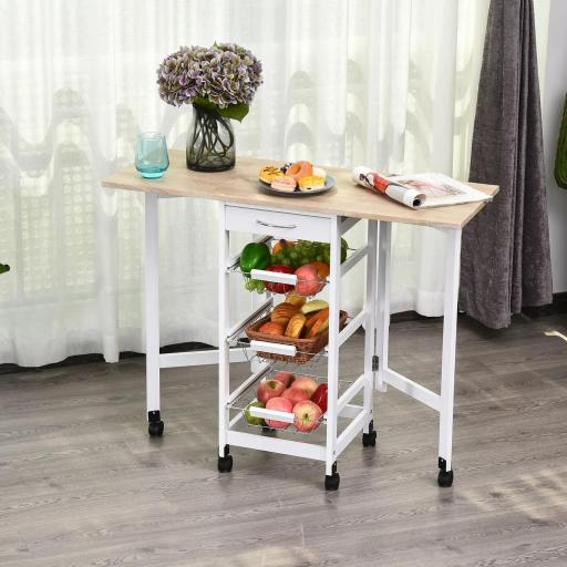 Carrito Auxiliar Plegable Carrito de Cocina con 6 Ruedas 1 Cajón y 3 Cesta de Metal 97,2x37x77,5 cm Blanco y Roble