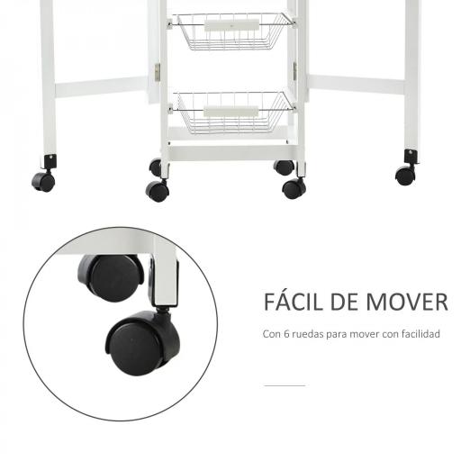 Carrito Auxiliar Plegable Carrito de Cocina con 6 Ruedas 1 Cajón y 3 Cesta de Metal 97,2x37x77,5 cm Blanco y Roble [2]