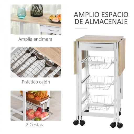 Carrito Auxiliar Plegable Carrito de Cocina con 6 Ruedas 1 Cajón y 3 Cesta de Metal 97,2x37x77,5 cm Blanco y Roble [4]
