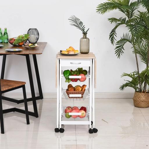 Carrito Auxiliar Plegable Carrito de Cocina con 6 Ruedas 1 Cajón y 3 Cesta de Metal 97,2x37x77,5 cm Blanco y Roble [6]