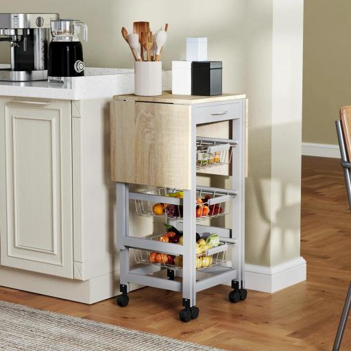 Carrito Auxiliar Plegable Carrito de Cocina con 6 Ruedas 1 Cajón y 3 Cesta de Metal 97,2x37x77,5 cm Gris y Roble [5]