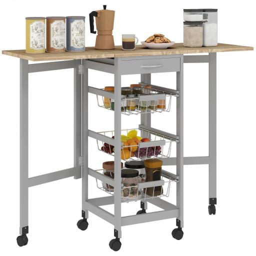 Carrito Auxiliar Plegable Carrito de Cocina con 6 Ruedas 1 Cajón y 3 Cesta de Metal 97,2x37x77,5 cm Gris y Roble [8]