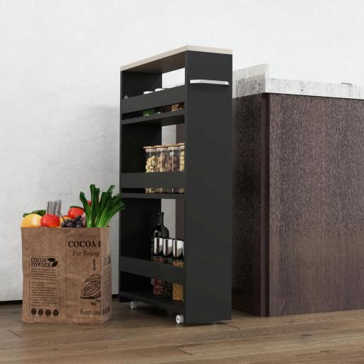 Carrito Auxiliar con Ruedas de 3 Niveles Carrito de Cocina Estrecho con 3 Estantes Tablero y Asa 48x15x80 cm Negro