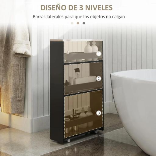 Carrito Auxiliar con Ruedas de 3 Niveles Carrito de Cocina Estrecho con 3 Estantes Tablero y Asa 48x15x80 cm Negro [2]