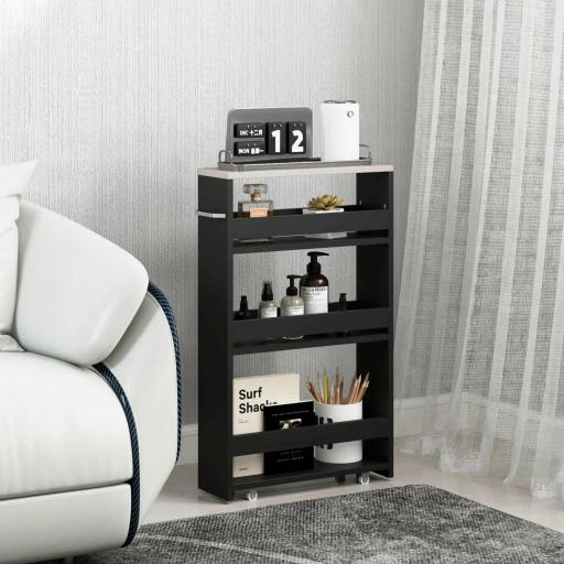 Carrito Auxiliar con Ruedas de 3 Niveles Carrito de Cocina Estrecho con 3 Estantes Tablero y Asa 48x15x80 cm Negro [5]