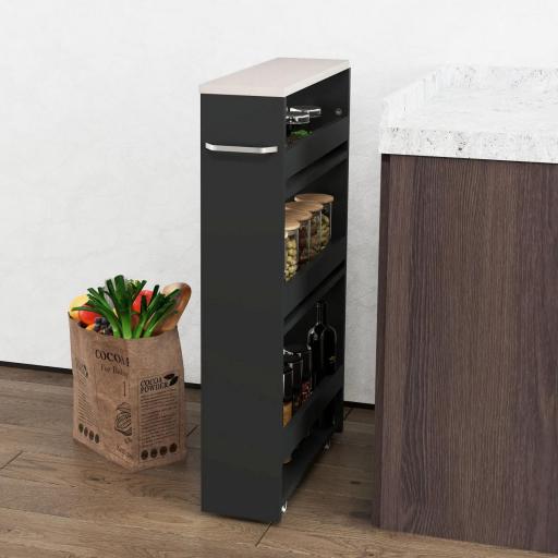 Carrito Auxiliar con Ruedas de 3 Niveles Carrito de Cocina Estrecho con 3 Estantes Tablero y Asa 48x15x80 cm Negro [6]