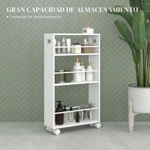 Carrito Auxiliar con Ruedas 3 Estantes con Barandillas Laterales y Asas para Cocina Comedor Baño 45x15x80 cm Blanco [3]