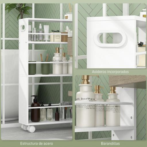 Carrito Auxiliar con Ruedas 3 Estantes con Barandillas Laterales y Asas para Cocina Comedor Baño 45x15x80 cm Blanco [2]