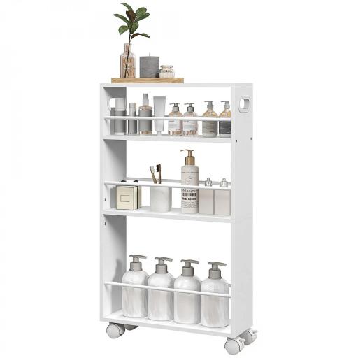 Carrito Auxiliar con Ruedas 3 Estantes con Barandillas Laterales y Asas para Cocina Comedor Baño 45x15x80 cm Blanco [9]