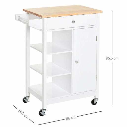 Carrito de Cocina Carro Auxiliar con Ruedas 1 Cajón 1 Armario 3 Estantes Abiertos de Almacenamiento para Comedor 66x39,5x86,5 cm Blanco [1]