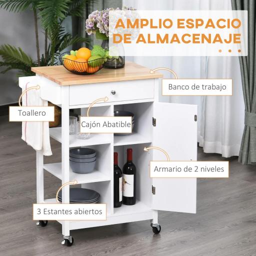 Carrito de Cocina Carro Auxiliar con Ruedas 1 Cajón 1 Armario 3 Estantes Abiertos de Almacenamiento para Comedor 66x39,5x86,5 cm Blanco [5]