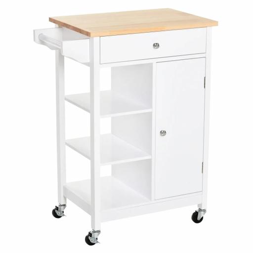 Carrito de Cocina Carro Auxiliar con Ruedas 1 Cajón 1 Armario 3 Estantes Abiertos de Almacenamiento para Comedor 66x39,5x86,5 cm Blanco [8]