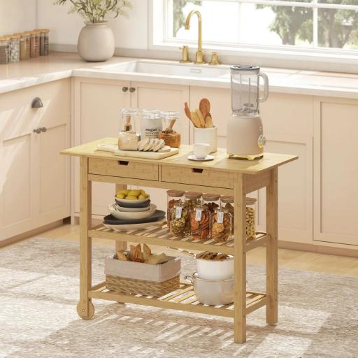 Carrito Auxiliar con Ruedas de Bambú Carro de Servicio con 2 Cajones 2 Estantes de Listones 100x43x75 cm Natural