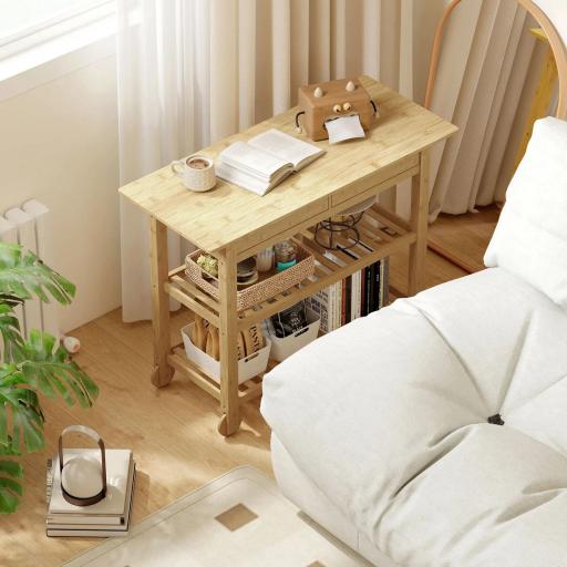 Carrito Auxiliar con Ruedas de Bambú Carro de Servicio con 2 Cajones 2 Estantes de Listones 100x43x75 cm Natural [7]