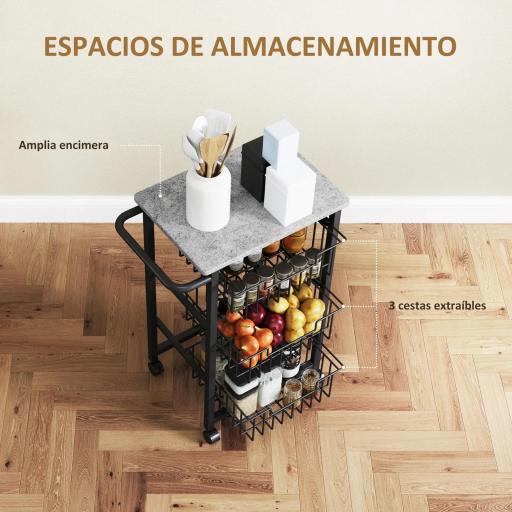 Carrito Verdulero para Cocina con 3 Cestas Deslizables y Marco de Acero 49,5x31x69 cm Gris Claro [5]