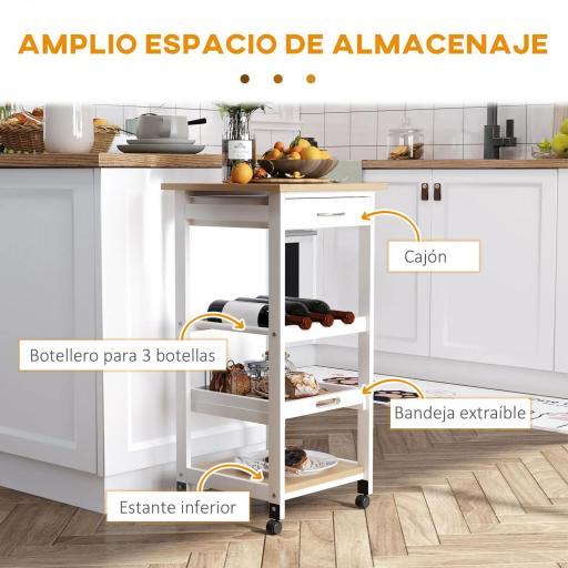 Carrito de Cocina Carro de Servicio Multifuncional de 4 Niveles con Ruedas Cajón Estantes y Botellero 37x37x76 cm Blanco [2]
